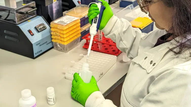 A scientist in a lab coat and green gloves is using a pipette to transfer liquid into a bottle at a laboratory workstation.