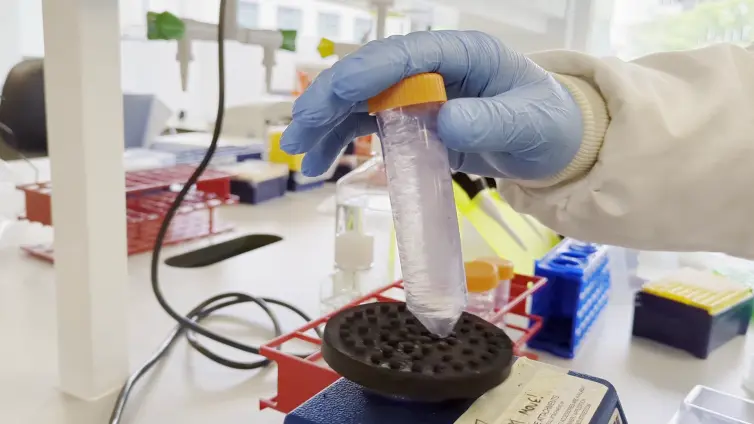 Gloved hand holds a test tube with a purple liquid, placing it on a laboratory vortex mixer, surrounded by lab equipment.