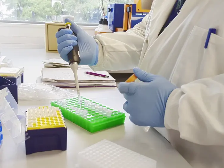 A scientist in a lab coat and blue gloves is using a pipette to transfer liquid at a laboratory workstation.