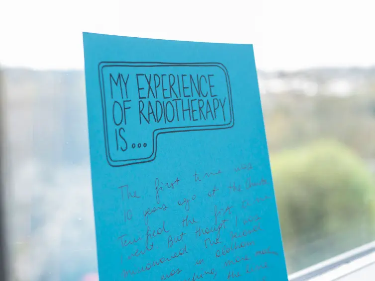 Picture of a blue card that says 'my experience of radiotherapy is...'.