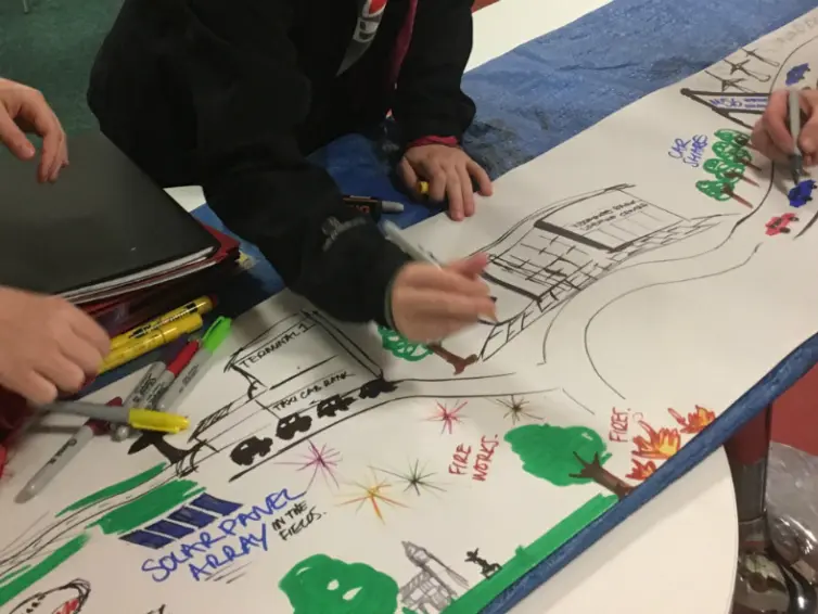 Young people painting a banner.