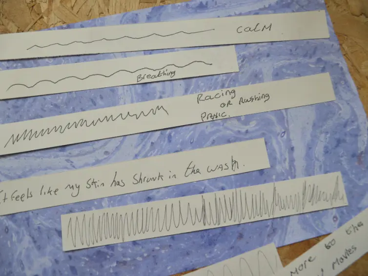 Image of cut up strips of paper with words and patterns on them.