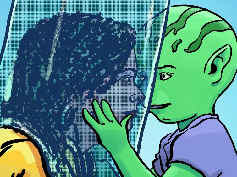 Illustration of one of the characters, Sanda, being hugged by an alien.