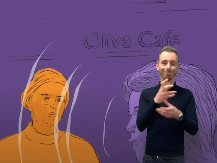 Cartoon of two people talking and a sign language interpreter signing.