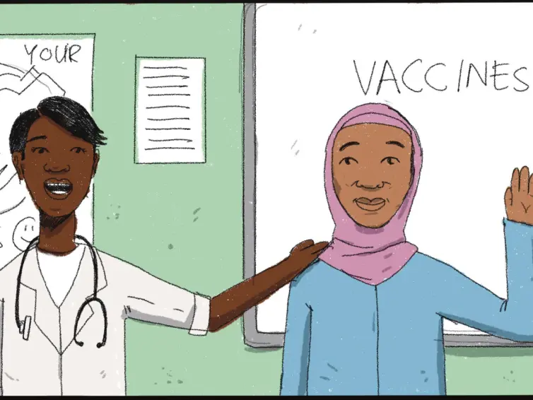 Cartoon of two people, one in a doctors coat, pointing at a whiteboard that says 