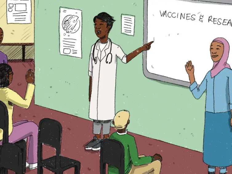 Cartoon of two people, one in a doctors coat, pointing at a board that says 